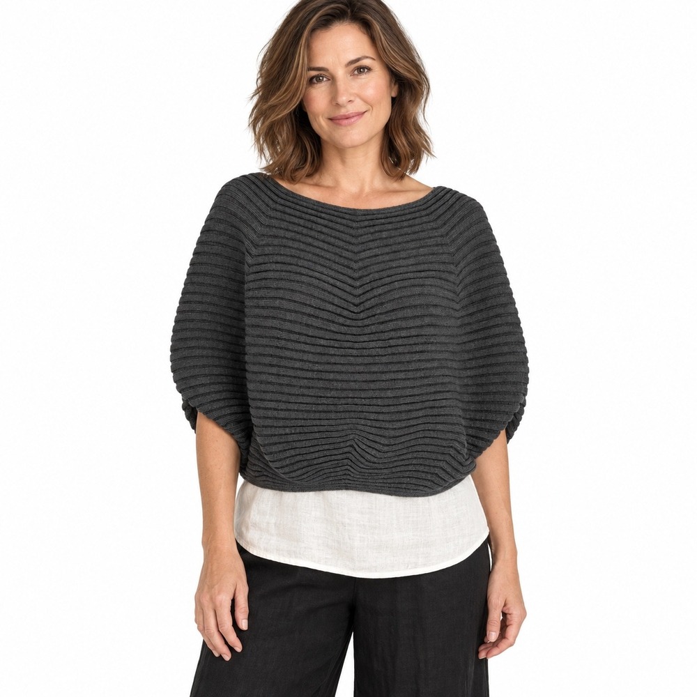 Liviana Conti Grey Cocoon Sweater OS 100% Merino Wool Ribbed Button Back Italy